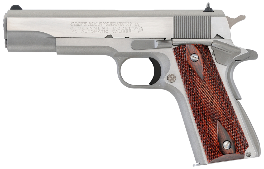 Colt Mfg O1070A1CS 1911 Government 45 ACP 8+1 5" Stainless National Match Barrel, Brushed Stainless Serrated Slide & Frame w/Beavertail, Double Diamond Checkered Wood Grip
