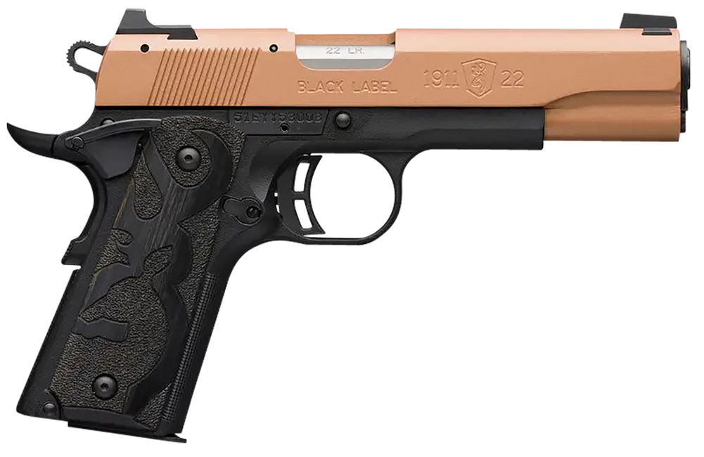 Browning 051895490 1911-22 Black Label Full Size Frame 22 LR 10+1, 4.25" Matte Stainless Steel Barrel, Copper Cerakote Serrated Slide, Matte Black Polymer Frame w/Beavertail, Black Laminate Wood Grip