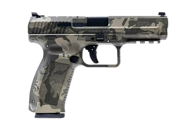 Canik HG4865WGN TP9SF  Full Size Frame 9mm Luger 18+1 4.46" Black Nitride Match Grade Barrel, Woodland Camo Serrated Steel Slide & Polymer Frame w/Picatinny Rail, Black Interchangeable Backstrap Grip