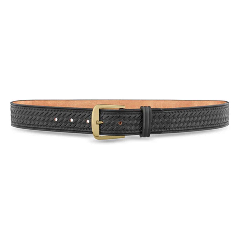 1-1/2"" Basketweave Black Leather Garrison Belt with Gold Buckle
