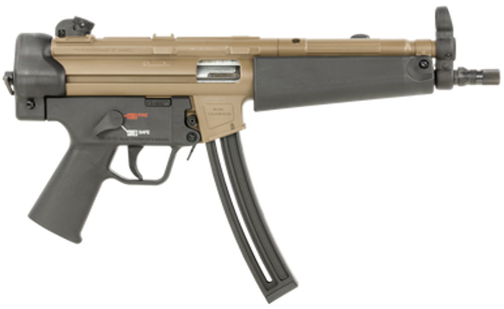 HK 81000629 MP5  22 LR 25+1 8.50" Barrel, Exclusive Flat Dark Earth Finish, No Stock (Sling Mount), Black Polymer Grip, Adjustable Rear Sight, Manual Safety