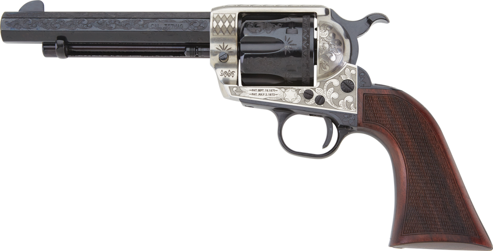 Pietta GW45ALO512NMCW 1873 GW2 Deluxe Alchimista III 45 Colt (LC) 6rd 5.50" Overall Blued Engraved Steel with Checkered Walnut Army Grip