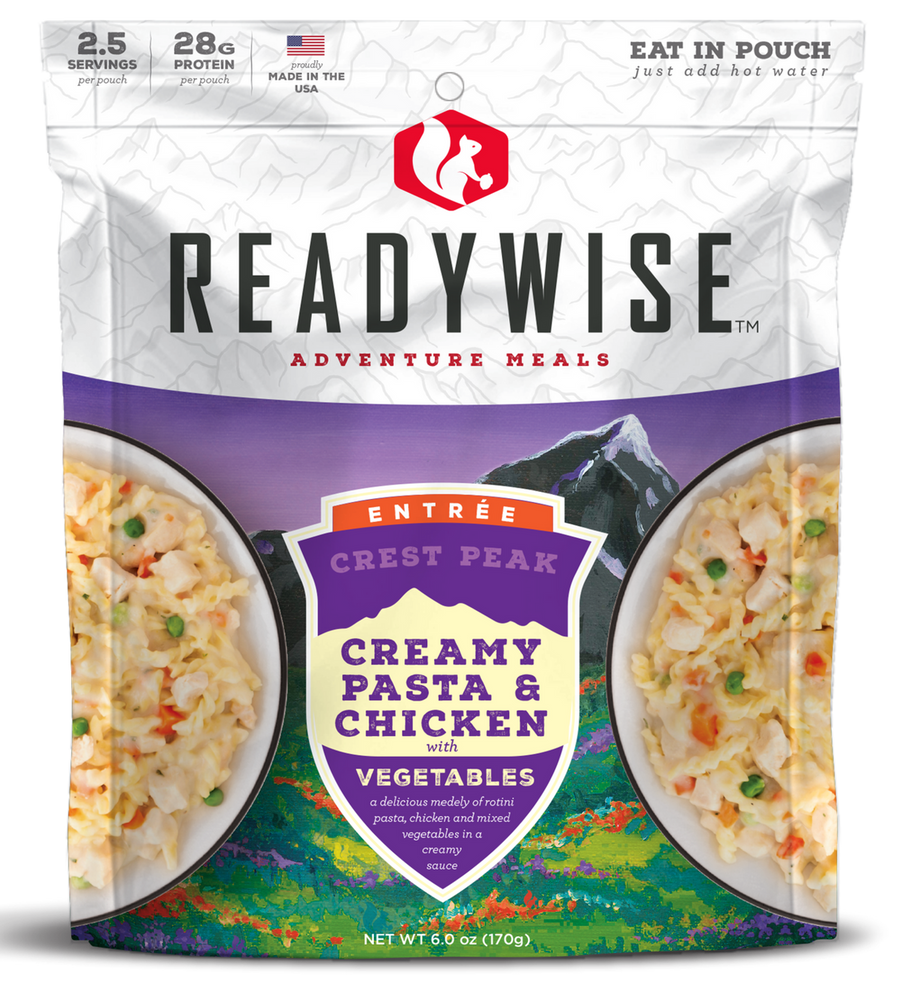 ReadyWise RW05006 Outdoor Food Kit Crest Peak Creamy Pasta and Chicken 2.5 Servings In A Resealable  Pouch, 6 Per Case - 131349