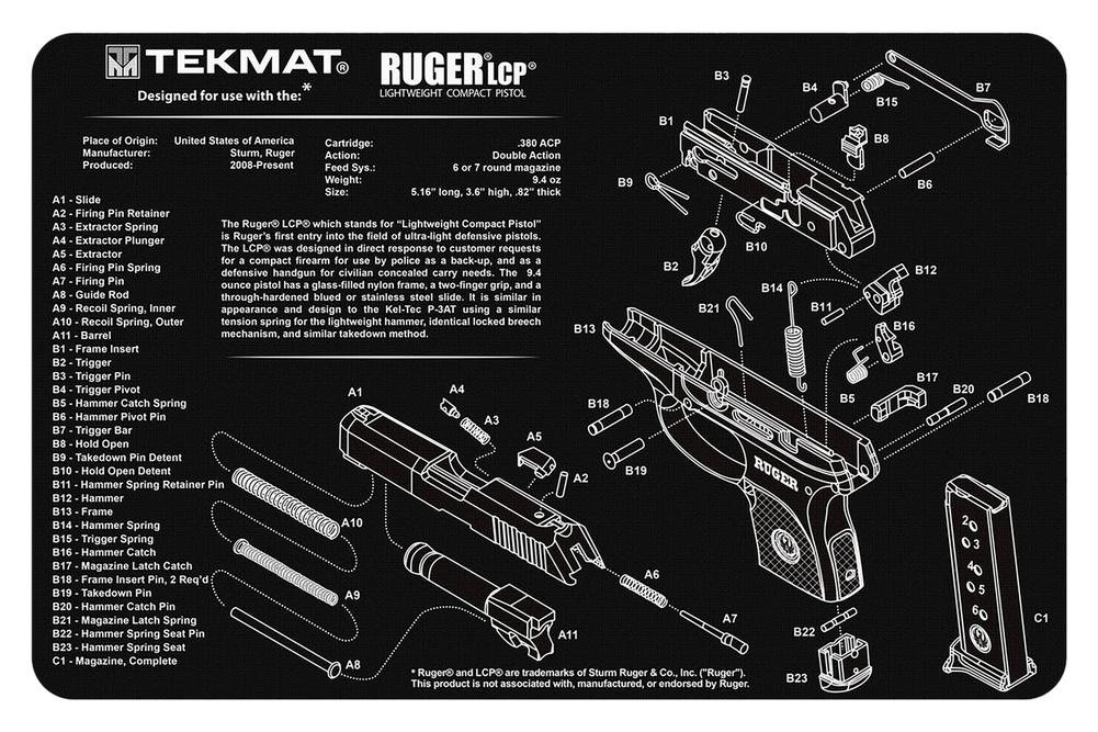 TekMat TEKR17RUGERLCP Ruger LCP Cleaning Mat Black/White Rubber 11" x 17"