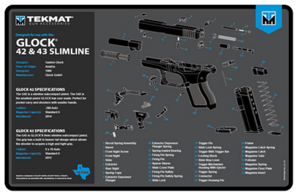 TekMat TEKR17GLOCK4243BL Glock 42/43 Cleaning Mat Black/Blue/White Rubber 11" x 17"