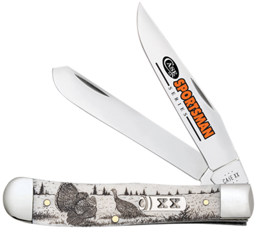 Case 81221 Trapper Sportsman Folding Clip Point/Spey Plain Mirror Polished Tru-Sharp SS Blade/Turkey Embellished Natural Bone Handle