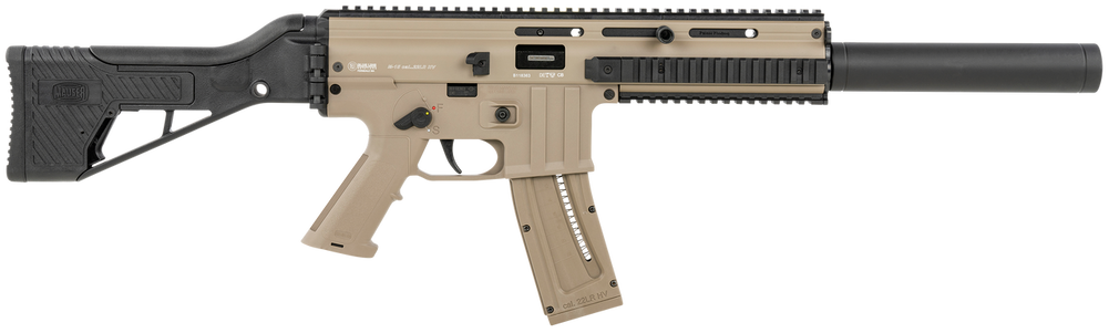 Mauser Rimfire 4150024 M-15 SD 22 LR 22+1 16.50" Barrel w/Faux Suppressor, Steel Receiver w/Tan Finish, Flip Up Front & Rear Sights, Side Folding Stock w/Adjustable Cheekrest, Manual Thumb Safety