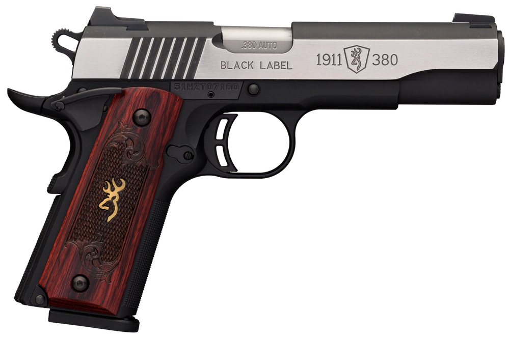 Browning 051914492 1911-380 Black Label Medallion Pro 380 ACP 8+1 4.25" Target Crown Barrel, Blackened w/Silver Polished Flats Serrated SS Slide, Matte Black Polymer Frame w/Beavertail