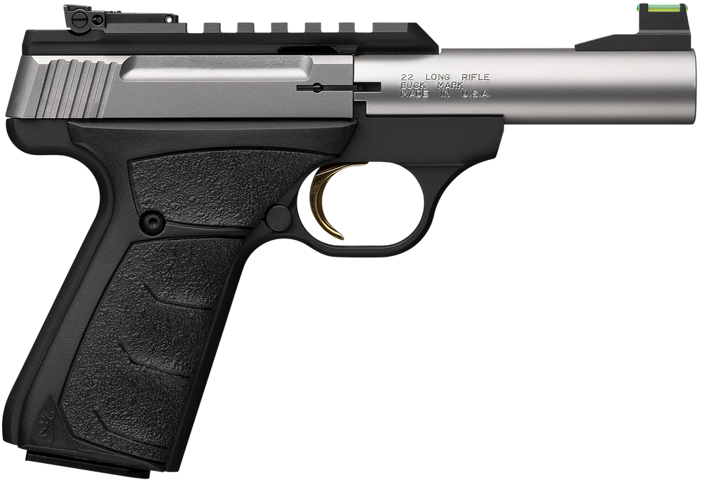 Browning 051605490 Buck Mark Plus Micro Bull 22 LR 10+1 4" Stainless Bull Barrel, Stainless Serrated Slide w/Picatinny Rail, Matte Black Alloy Steel Frame, Black Overmolded UFX Grip