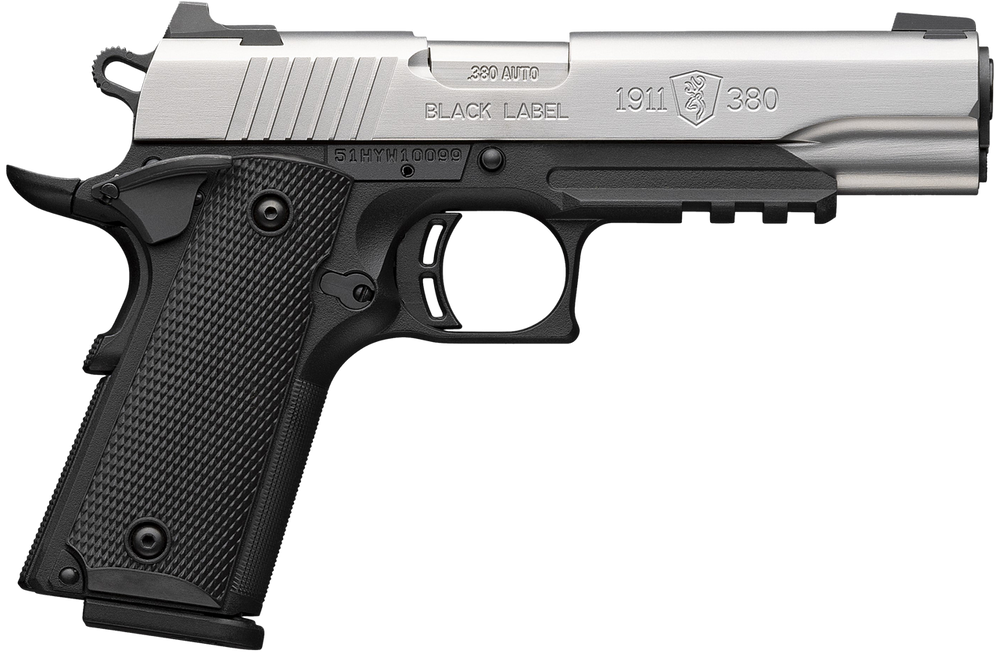 Browning 051120492 1911-380  Full Size Frame 380 ACP 8+1 4.25" Stainless Steel Barrel, Satin Stainless Serrated Slide, Matte Black Aluminum Frame w/Picatinny Rail, Black Polymer Grip