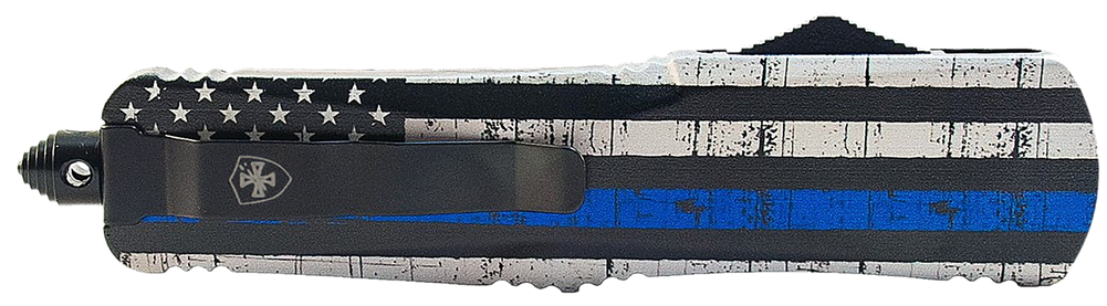 Templar Knife  Gen II Back The Blue Small 2.75" OTF Drop Point Part Serrated Black Oxide Stonewashed 440C SS Blade, 4.25" B&W US Flag w/Blue Line Aluminum Handle, Glass Breaker - 183260