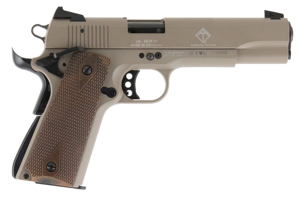 GSG GSG2210M1911T 1911  22 LR 10+1 5" Threaded Barrel, Tan Serrated Slide & Zinc Alloy w/Beavertail Frame, Double Diamond Walnut Grip - 99720