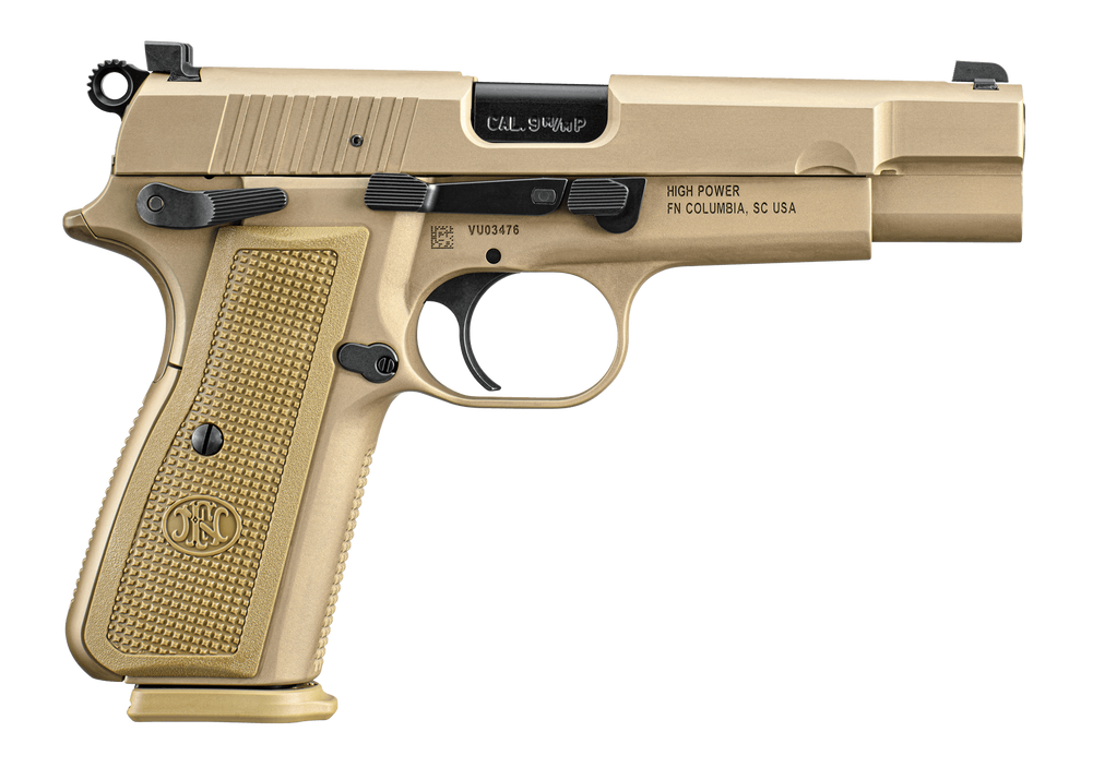 FN 66101069 High Power  9mm Luger 17+1, 4.70" Black Target Crown Steel Barrel, Flat Dark Earth PVD Serrated Steel Slide & Steel Frame w/Beavertail, FDE Textured Polymer Grip, Ambidextrous - 142782