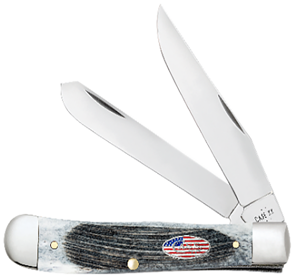 Case 53065 Canoe Stars & Stripes Folding Plain Edge 1.97 Pen/2.60" Spear Point, Mirror Polished Stainless Steel Blade, Jigged Gray Bone Handle, American Flag Shield - 180878