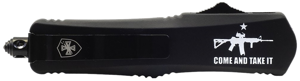Templar Knife  Gen II Come And Take It Large 3.50" OTF Dagger Plain Black Oxide Stonewashed 440C SS Blade, 5.50" Black "Come And Take It" Aluminum Handle, Glass Breaker - 183246