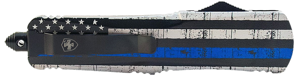 Templar Knife  Gen II Back The Blue Large 3.50" OTF Tanto Part Serrated Black Oxide Stonewashed 440C SS Blade, 5.50" B&W US Flag w/Blue Line Aluminum Handle, Glass Breaker - 183277