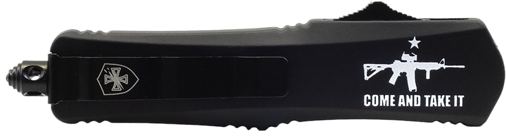 Templar Knife  Gen II Come And Take It Large 3.50" OTF Drop Point Part Serrated Black Oxide Stonewashed 440C SS Blade, 5.50" Black "Come And Take It" w/Cannon Aluminum Handle, Glass Breaker - 183275