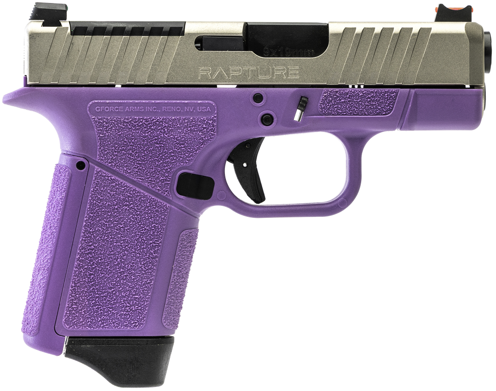 Gforce Arms GF932512PUN Rapture  Sub-Compact Frame 9mm Luger 12+1 3.25" Black Steel Barrel, Nickel Optic Cut/Serrated Steel Slide, Purple Cerakote Polymer Frame - 180946