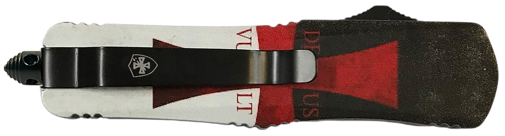 Templar Knife  Gen II Templar Flag Large 3.50" OTF Drop Point Plain Black Oxide Stonewashed 440C SS Blade, 5.50" Templar Flag Aluminum Handle, Glass Breaker - 183280