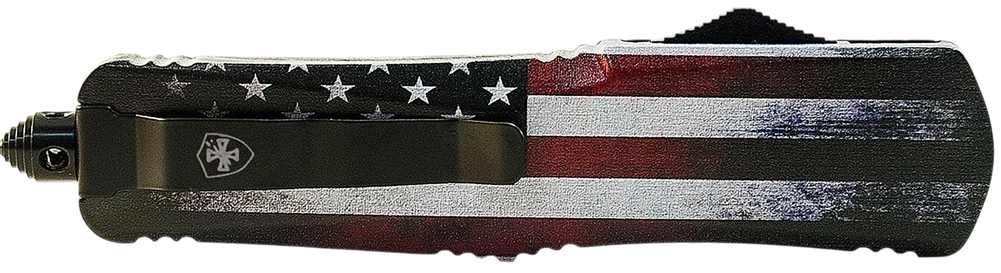 Templar Knife  Gen II US Flag Large 3.50" OTF Tanto Part Serrated Black Oxide Stonewashed 440C SS Blade, 5.50" US Flag Aluminum Handle, Glass Breaker - 183282