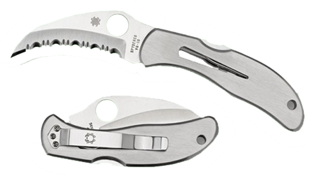 Spyderco C08S Harpy  2.75" Folding Hawkbill Serrated VG-10 SS Blade Stainless Steel Handle Includes Pocket Clip - 32205