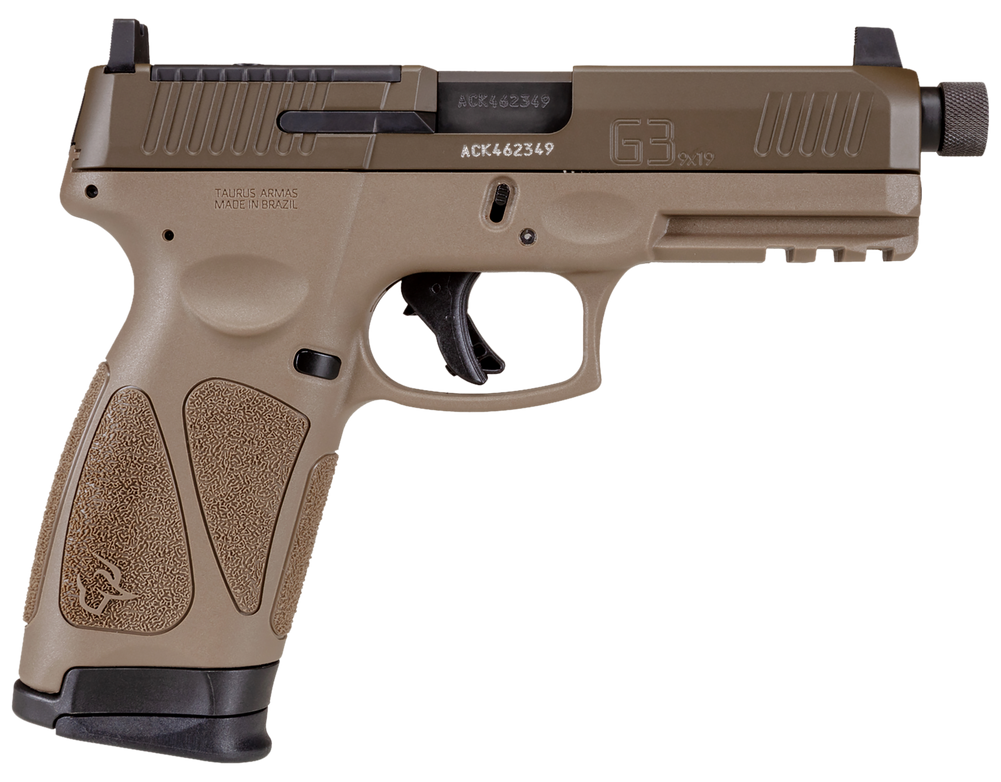Taurus 1G3P941TAC G3  9mm Luger 17+1 4.50" Threaded Barrel, FDE Polymer Frame With Picatinny Acc. Rail, T.O.R.O Optic Cut Patriot Brown Cerakote Steel Slide, Re-Strike Capability, No Manual Safety - 142155