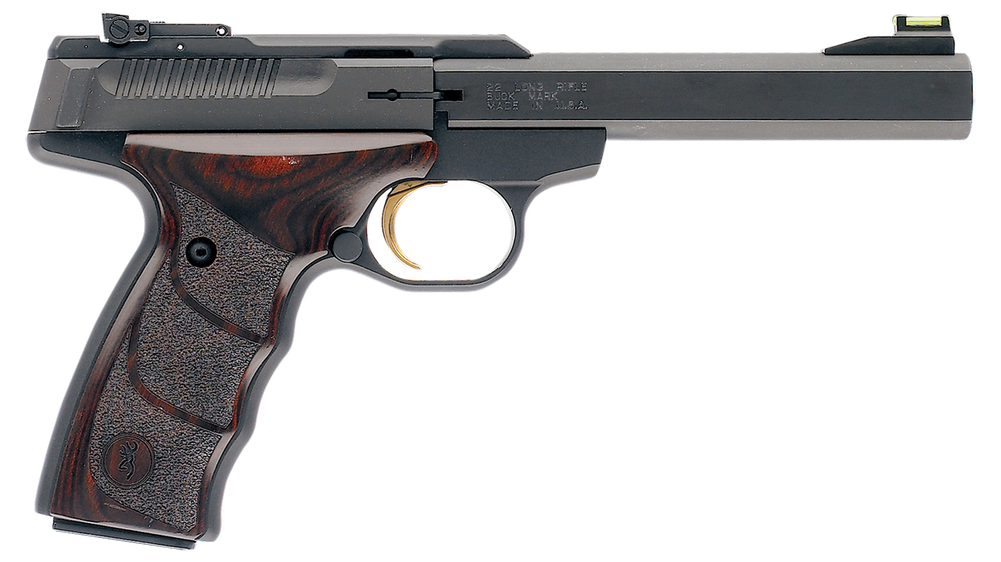 Browning 051429490 Buck Mark Plus *CA Compliant 22 LR 10+1 5.50" Slab Side Barrel, Matte Black Serrated Steel Slide  & Aluminum Frame, Brown Finger Grooved Laminate Grips