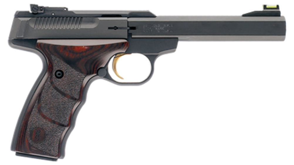 Browning 051429490 Buck Mark Plus *CA Compliant 22 LR 10+1 5.50" Slab Side Barrel, Matte Black Serrated Steel Slide  & Aluminum Frame, Brown Finger Grooved Laminate Grips