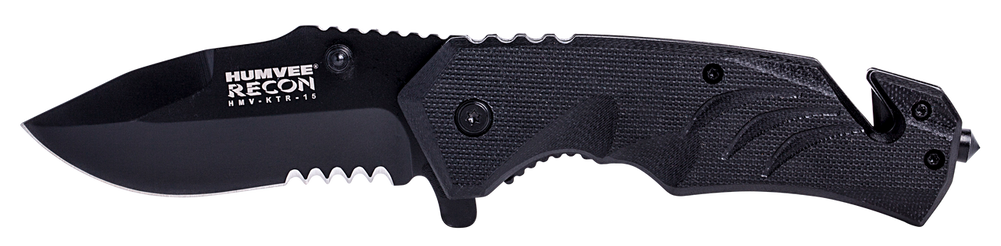 Humvee Adventure Gear HMVKTR15 Tactical Recon  3" Folding Drop Point Part Serrated Black Stainless Steel Blade/Black Textured Features Glass Breaker/Seat Belt Cutter Includes Pocket Clip - 4559