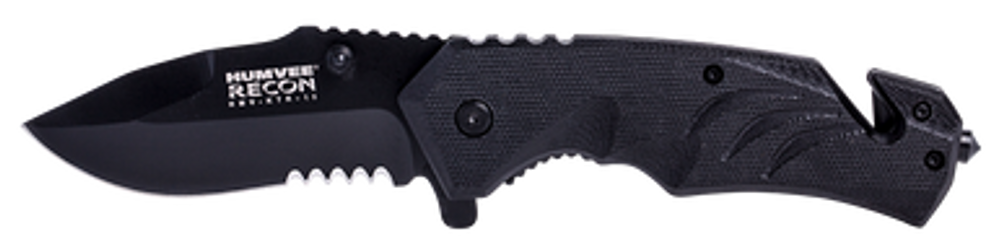 Humvee Adventure Gear HMVKTR15 Tactical Recon  3" Folding Drop Point Part Serrated Black Stainless Steel Blade/Black Textured Features Glass Breaker/Seat Belt Cutter Includes Pocket Clip - 4559