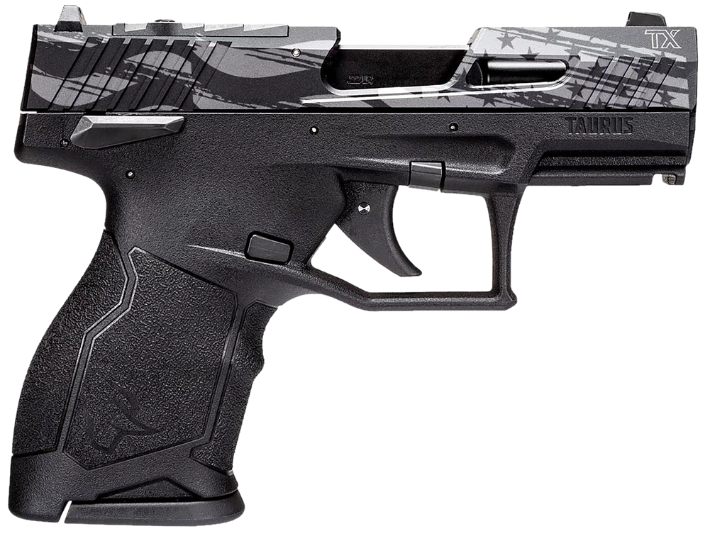 Taurus 1TX22131US5 TX22C T.O.R.O. Compact Frame 22 LR 13+1 3.60" Matte Black Threaded Barrel, Engraved Distressed USA Flag Optic Ready/Serrated Slide, Black Polymer Frame - 165285