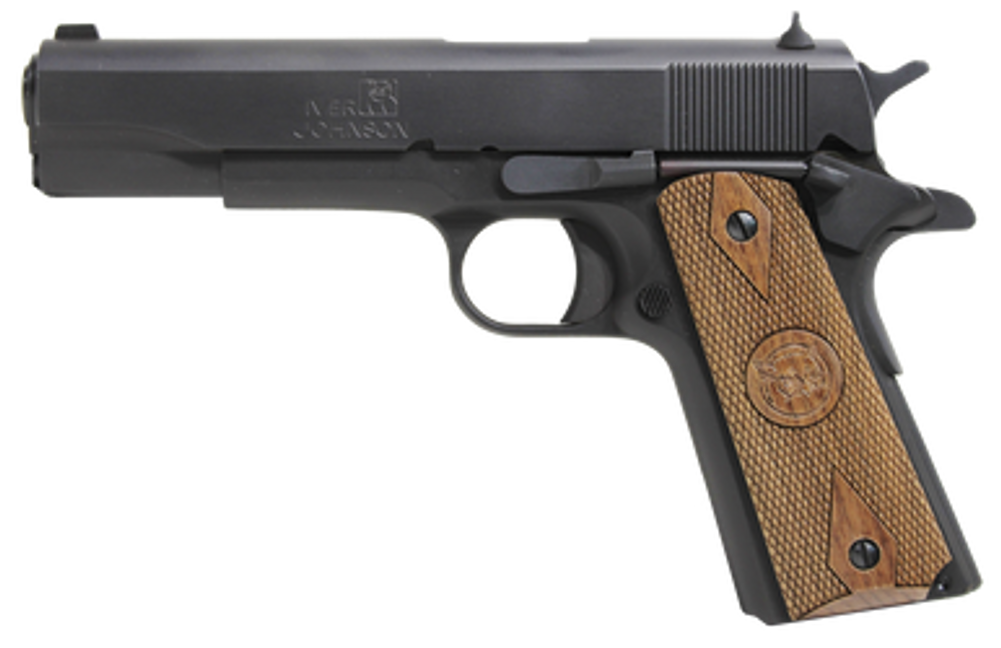 Iver Johnson Arms 1911A19 1911 A1  9mm Luger 9+1 5" Black Steel Barrel, Matte Black Serrated Steel Slide, Matte Black Steel Frame w/Beavertail, Checkered Double Diamond Walnut Grip