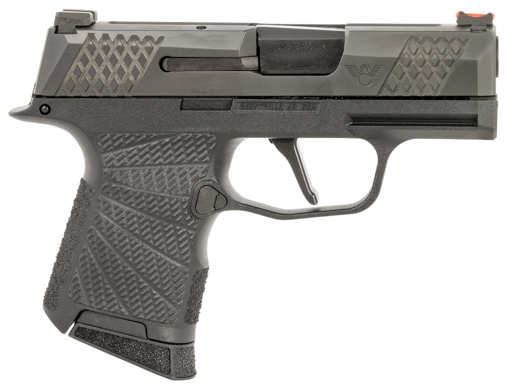 Wilson Combat SIGWCP3659BAT P365  Action Tuned 9mm Luger 10+1 (2) 3.10", Black,  X-Tac Pattern Serrated Slide, Polymer Frame, Sunburst Grips, Fiber Optic Sights, Grayguns Flat Face Trigger