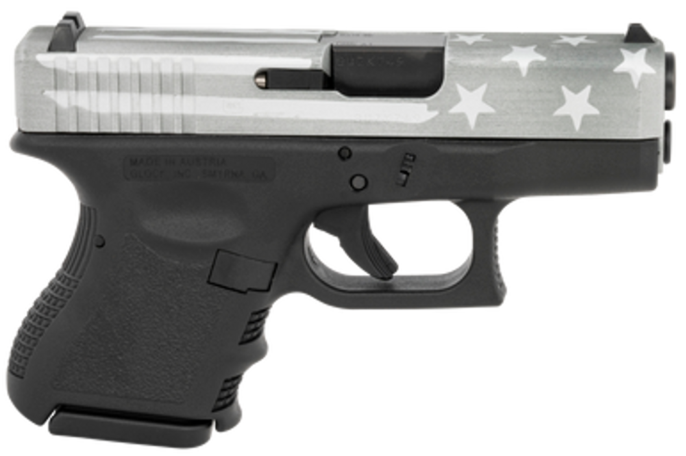 Glock PI2650204BWFS G26 Gen3 Subcompact 9mm Luger 3.43" Barrel 10+1,  Black Frame With Gray Battle Worn Flag Cerakote Slide, Finger Grooved Textured Polymer Grip, Safe Action Trigger
