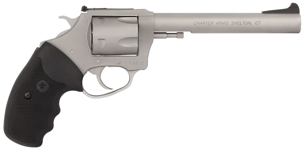 Charter Arms 79960 Pitbull  Large 9mm Luger, 5 Shot 6" Matte Stainless Steel Barrel, Cylinder & Frame w/Black Finger Grooved Rubber Grip