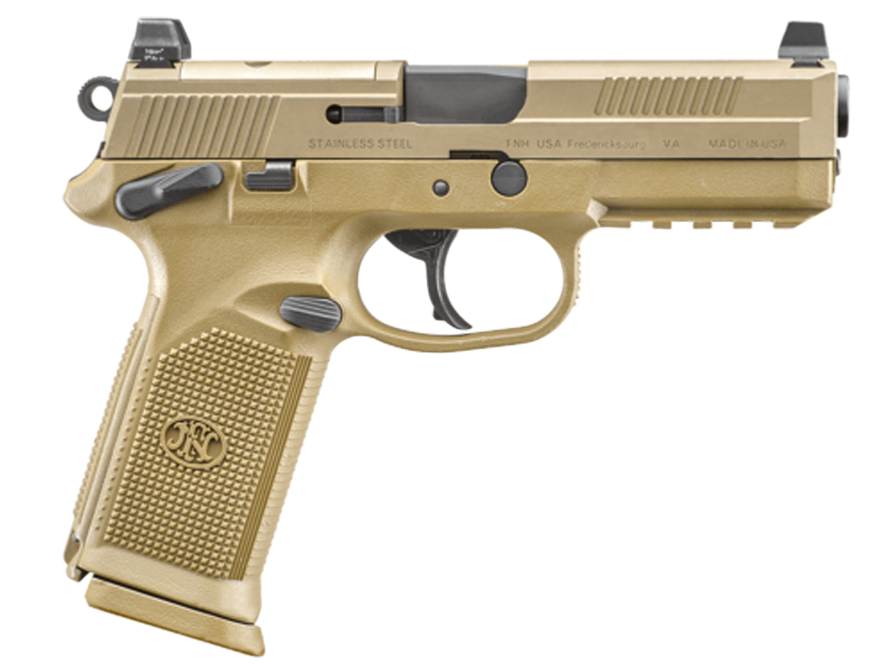 FN 66100223 FNX Tactical 45 ACP 10+1 4.50" Black Steel Barrel, Flat Dark Earth Optic Cut/Serrated Steel Slide & Polymer Frame w/Picatinny Rail, FDE Interchangeable Backstrap Grip, Ambidextrous