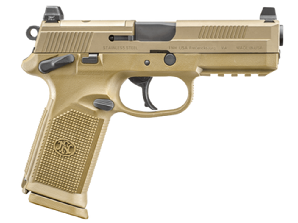 FN 66100223 FNX Tactical 45 ACP 10+1 4.50" Black Steel Barrel, Flat Dark Earth Optic Cut/Serrated Steel Slide & Polymer Frame w/Picatinny Rail, FDE Interchangeable Backstrap Grip, Ambidextrous