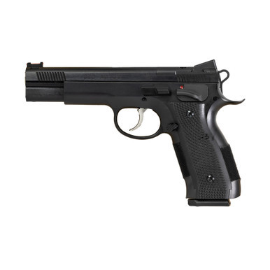 CZ-USA 91732 A01-SD Custom 9mm Luger 19+1 4.93" Blued Match Grade Bull Barrel, Blued Optic Ready/Serrated Slide, Blued Steel Frame w/Beavertail Black Checkered Polymer Grips