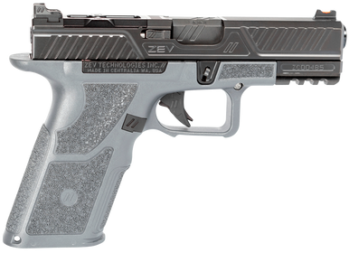 ZEV OZ9C-X-CPT-COM-G OZ9 Combat Compact 9mm Luger Caliber with 4.49" Barrel, 17+1 Capacity, Gray Finish Picatinny Rail Frame, Serrated/Optic Cut Black DLC Stainless Steel Slide & X Polymer Grip