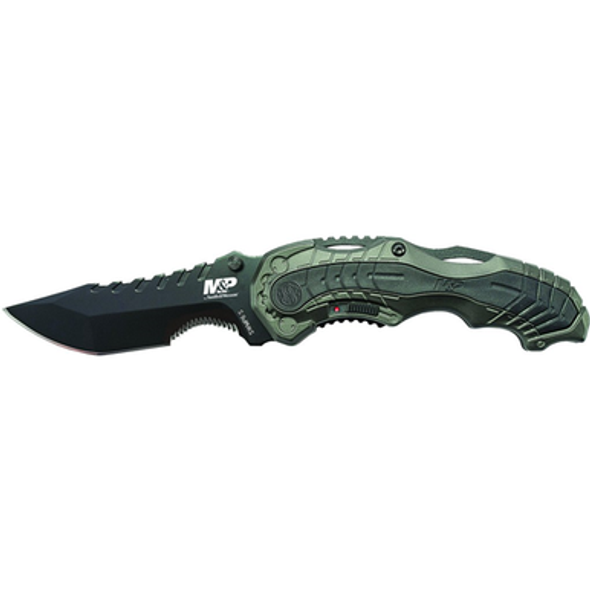 M&P M.A.G.I.C. Assist Liner Lock 4034 Stainless Steel w/40% Serrated Blade Gray Aluminum Handle w/Side Safety & Pocket Clip