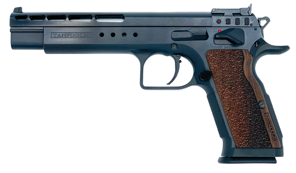 Tanfoglio TFGOLDM45 Gold Match  45 ACP 10+1 6" Black Steel Barrel, Matte Black Ported Steel Slide, Matte Black Steel Frame w/Beavertail, Wood Grip