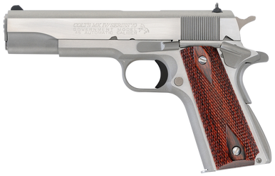 Colt Mfg O1070A1CS 1911 Government 45 ACP 8+1 5" Stainless National Match Barrel, Brushed Stainless Serrated Slide & Frame w/Beavertail, Double Diamond Checkered Wood Grip