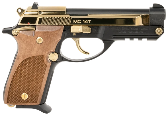 Girsan 390876 MC 14T Solution Sports South Exclusive Compact 380 ACP 13+1 4.50" Gold Plated Steel Tip-Up Barrel, Serrated Slide & Aluminum Frame w/Accessory Rail, Walnut Checkered Grip Ambidextrous