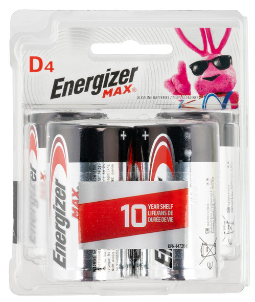 Energizer E95BP4 MAX D Batteries  Black & Silver Alkaline 1.5 Volt, Qty (4) Single Pack - 135703