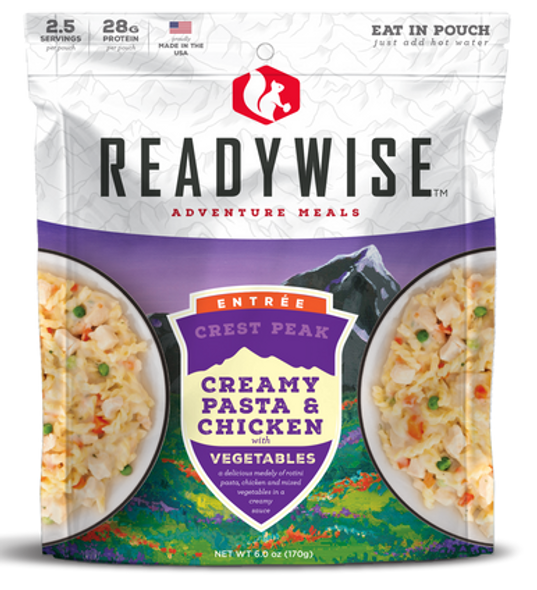ReadyWise RW05006 Outdoor Food Kit Crest Peak Creamy Pasta and Chicken 2.5 Servings In A Resealable  Pouch, 6 Per Case - 131349