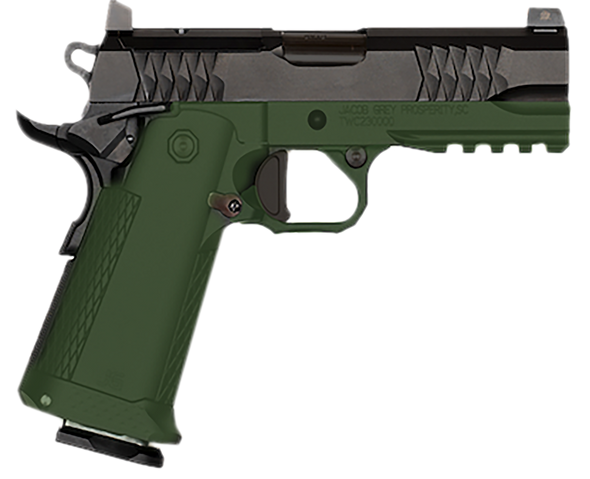 JACOB GREY FIREARMS TWC9EDG TWC9  9mm Luger 17+1 4.25" Black Bull Barrel, Black Optic Ready/Serrated Steel Slide, Duty Green Aluminum Frame w/Beavertail & Picatinny Rail