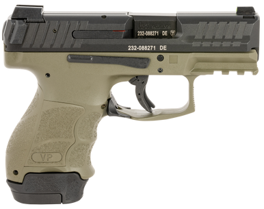 HK 81000814 VP9SK Subcompact 9mm Luger 12+1/15+1 3.39" Serrated Slide, Green Polymer Frame w/Picatinny Rail, Black Finger Grooved w/Interchangeable Backstrap Grips Ambidextrous