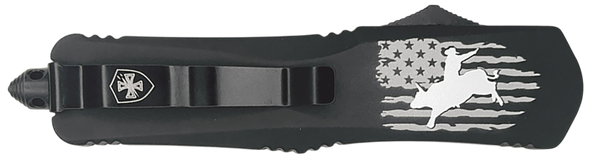 Templar Knife  Gen II Eight Seconds Slim 3.43" OTF Tanto Plain Black Oxide Stonewashed 440C SS Blade, 5.05" Black w/US Flag, Bull Rider Aluminum Handle, Glass Breaker - 183295