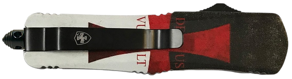 Templar Knife  Gen II Templar Flag Large 3.50" OTF Drop Point Plain Black Oxide Stonewashed 440C SS Blade, 5.50" Templar Flag Aluminum Handle, Glass Breaker - 183280