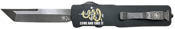 Templar Knife  Excalibur Come And Take It Slim 3.25" OTF Tanto Part Serrated D2 Steel Blade, 5" Black "Come And Take It" Aluminum Handle - 183264